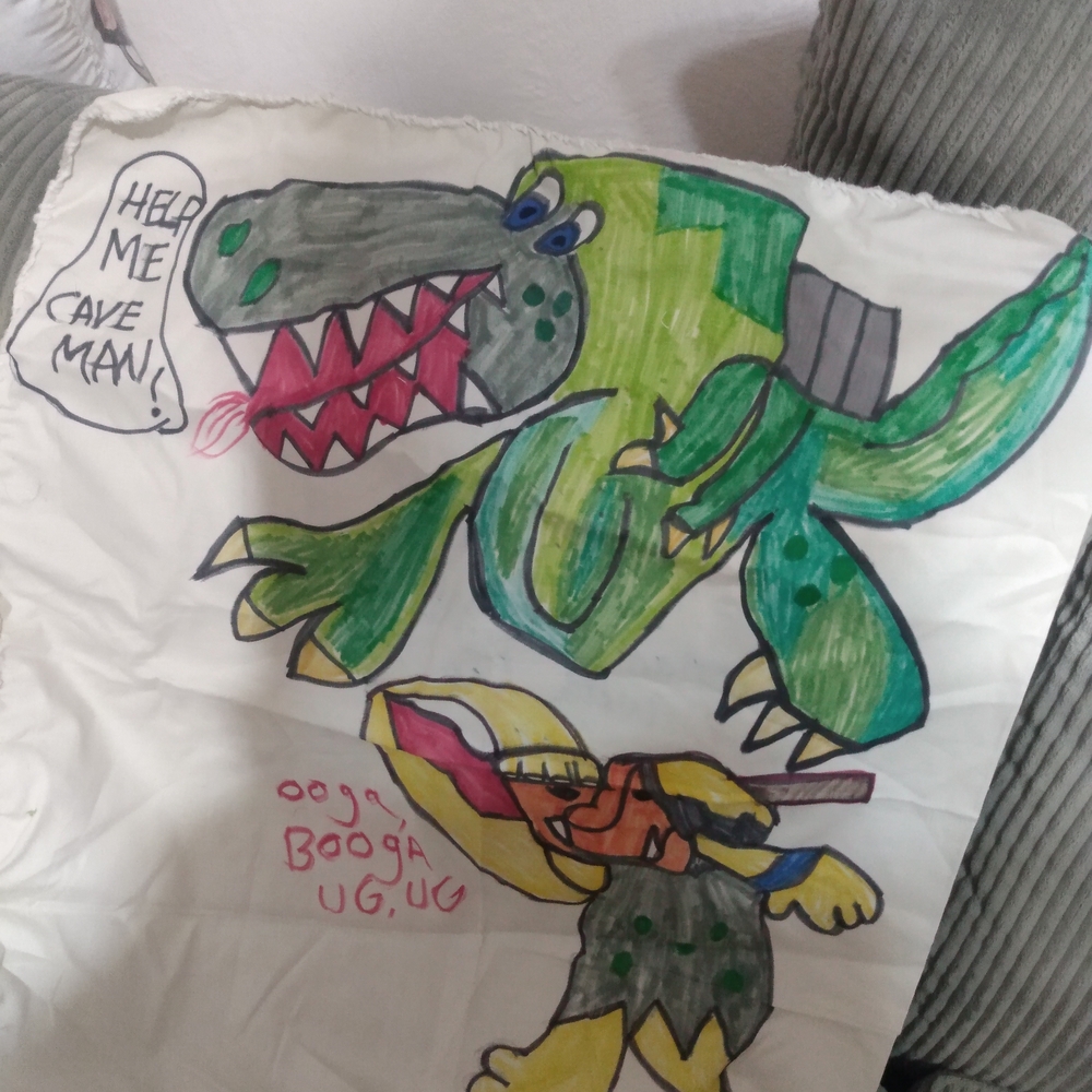 Colorful Dinosaur and Caveman Pillow Or Wall Hanging